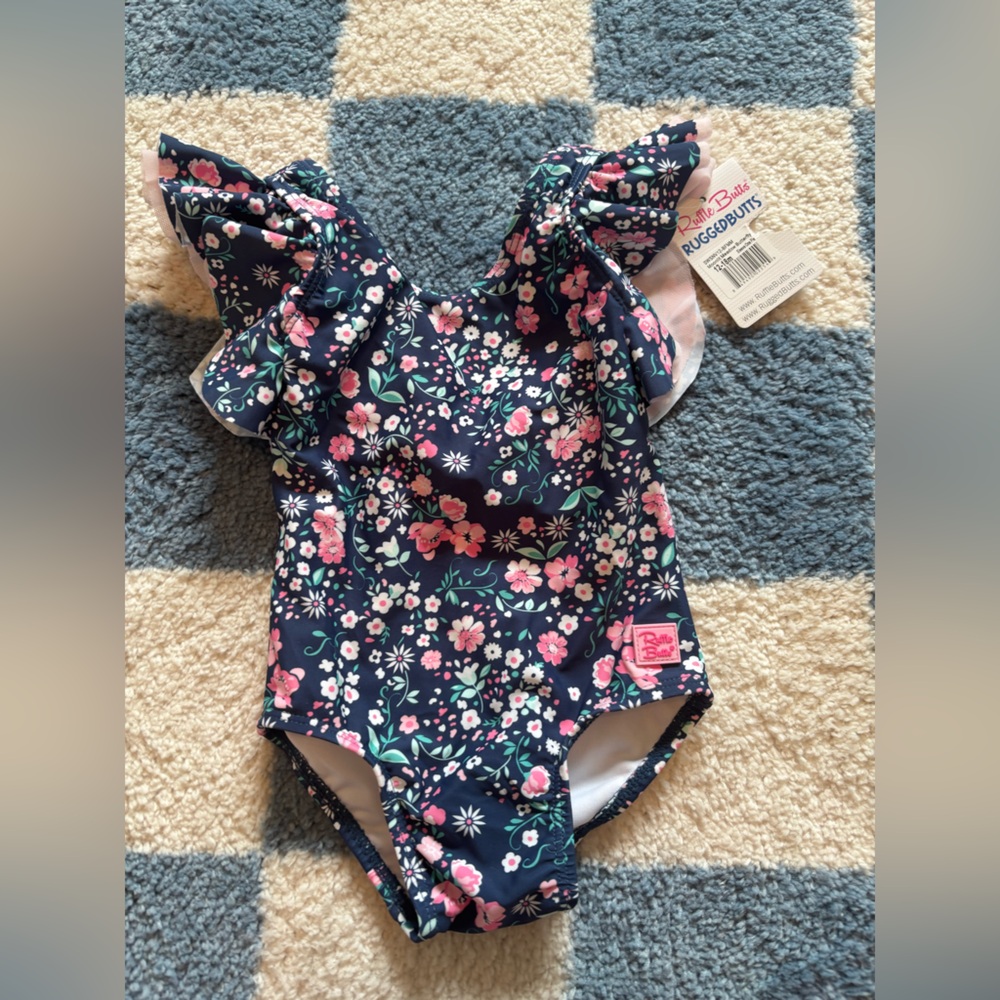 RuffleButts Navy Floral Swimsuit size 12-18 months
